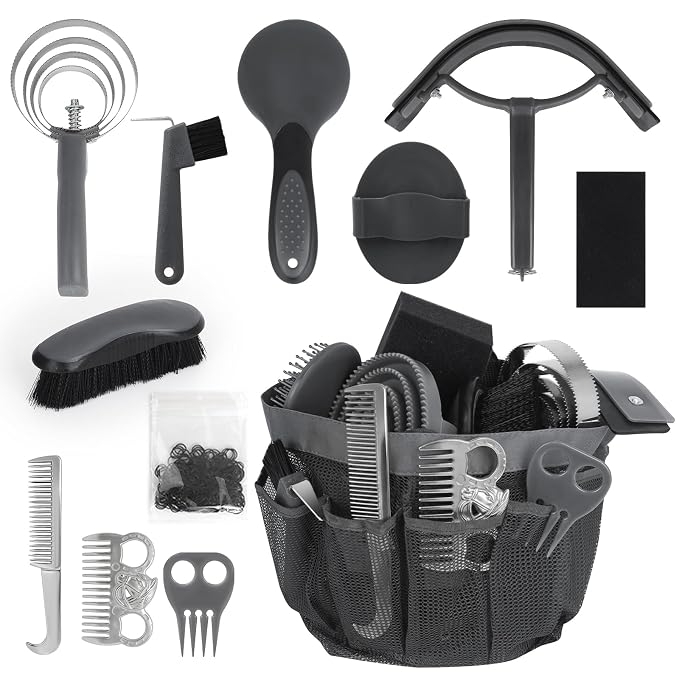 Horse Grooming Kit 12 Pieces Set – Complete Horse Brushes & Care Supplies Set with Organizer Tote Bag, Equine Coat Grooming Tools, Tack Room Equipment & Gifts for Horse Owners & Lovers