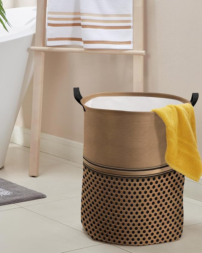 Collapsible Laundry Basket 42L, Brown Metal Hole Storage Bin Laundry Hamper with Handles, Modern Copper Net Eye Hole Pattern Waterproof Clothes Baskets for Bathroom/Bedroom 13.8 x 17 In