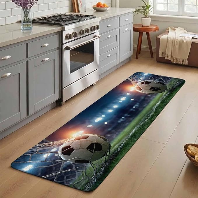 Football Bathroom Runner Rugs Non Slip Washable Absorbent Narrow Long Bath Mat Goal Net Soccer Sports Orange Blue Green Runner Rugs for Kitchen Hallway Bedroom Laundry Study Room 31.5"x63"