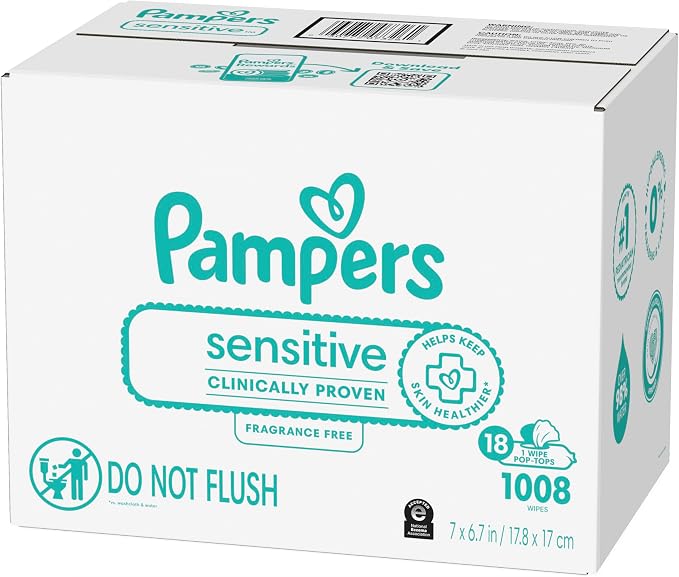 Pampers Sensitive Baby Wipes, Clinically Proven, Fragrance Free, Unscented, Water Based, Hypoallergenic, Multi-Use, Hand Wipes 1008 Wipes Total (18X Flip-Top Packs) [Packaging May Vary]