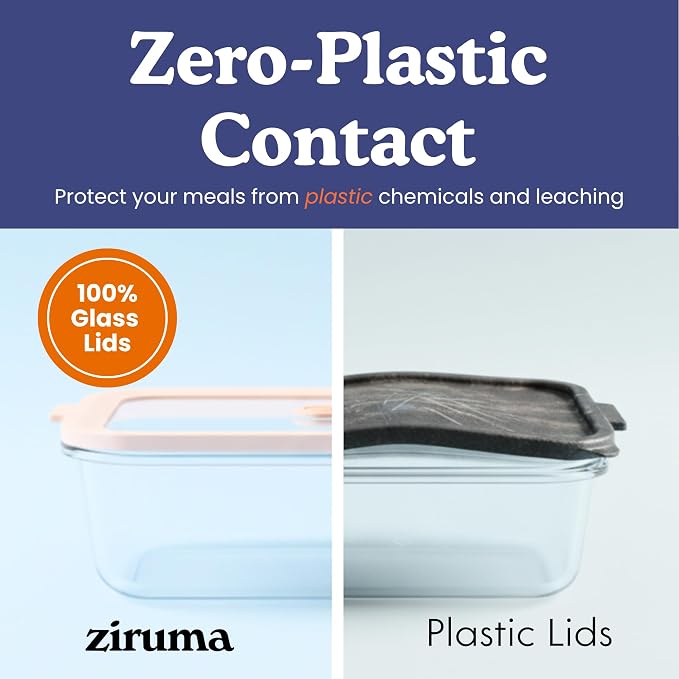 Non-Toxic Glass Food Containers with Lids, 4-Pack, 35 oz, Airtight, Beige | Plastic & BPA free. Glass body, glass lid & platinum silicone seal. Airtight & leakproof. Freezer & microwave safe.