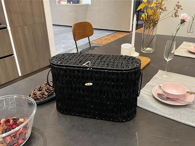 Coeusy Black Toilet Paper Basket with Lid,Wicker Toilet Paper Storage Stand,Large Narrow Bathroom Towel Basket Mega Roll Container Bin for Toilet Tank,Floor
