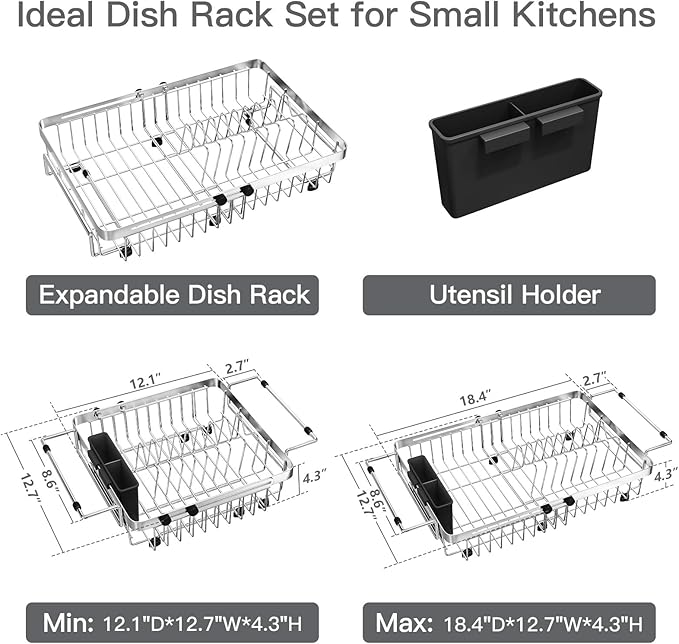 Dish Drying Rack Over The Sink with Utensil Holder | Expandable Stainless Steel Dish Drainer for Small Kitchen, Apartment, RV, Counter Space Saving, Perfect Fit, Rustproof