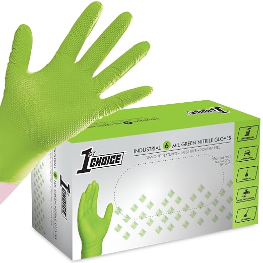 1st Choice Green 6 mil Nitrile Disposable Gloves Diamond Grip XL 100 | Bulk Purchasing Options, Medium Duty Gloves for Mechanics, Business, and Household Tasks, Food Safe and Chemical Resistant