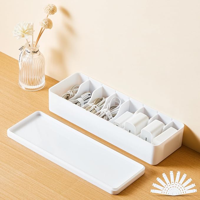 Tatuo 1 Pcs Cable Organizer Box with Wire Ties, Plastic Cord Storage Box with Lid, Electronics Organizer for Home Office Desk Organizers and Accessories (White)