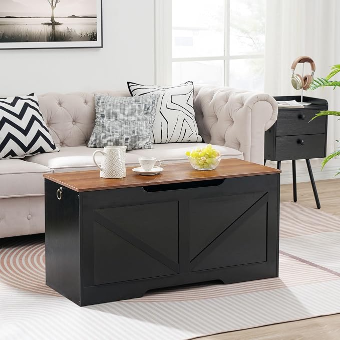 HOOBRO Storage Bench, 39.4" Retro Wooden Storage Chest with U-Shaped Cut-Out Pull, Safety Hinge, Supports 220 lb and Easy Assembly for Toy Box Organizer (Black and Walnut) BH771CW01G1