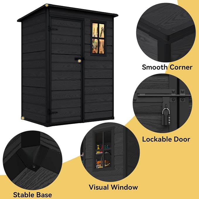 DWVO 5x3 FT Outdoor Storage Shed with Reinforced Floor, All-Weather Resin Storage Shed with Lockable Door & Window, Waterproof Garden Tool Shed for Backyard, Patio, Lawn