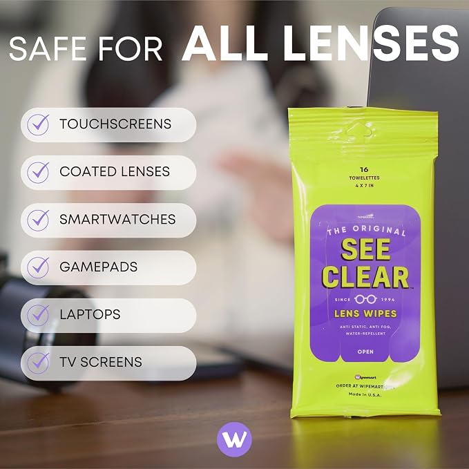 See Clear Original Lens Cleaning Wipes - Pre-Moistened Eyeglass & Screen Cleaning Cloth Towelettes - Streak Free, Scratch Free Lens & Electronic Screen Cleaner - 24 Resealable Packs of 16 (384 Wipes)