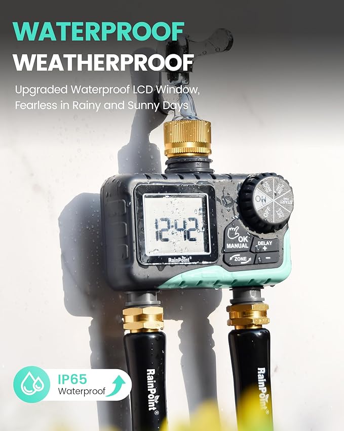 RAINPOINT Sprinkler Timer 2 Outlet, Water Timer for Garden Hose, Programmable Drip Irrigation for Yard Outdoor Watering, Rain Delay/Manual/Automatic (Brass, 1 pcs)