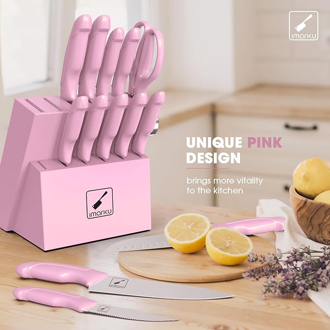 imarku 14-Piece Japanese High-Carbon Stainless Steel Kitchen Knife Set，Pink | Knife Set with Block|15°Precision Edge | 56±2 HRC Hardness | Built-in Sharpener|Ergonomic Handles|Gifts Mom & Dad