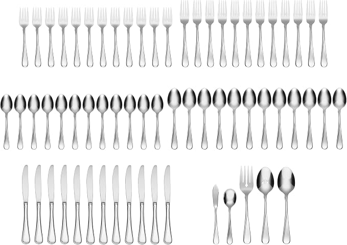 Oneida Silverware Set For 12, Flight 65-Piece Everyday Flatware Set with Serving Utensils, Service For 12, 18/0 Stainless Steel, Mirror Finish, Dishwasher Safe, Light Weight, Dining (Silver, 65 Piece)