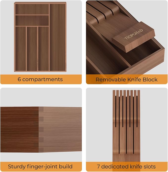 TIOPGHAD Small-Bamboo-Silverware-Drawer-Organizer, Expandable Utensil Kitchen Cutlery Tray Flatware Organization Wood Tableware Dividers Storage (with Removable Knife Block)(Brown)