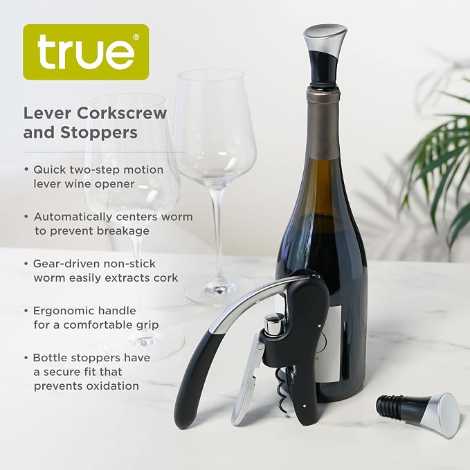 True Lever Corkscrew Manual Stoppers Top-Notch Cork Bottle Opener with Ergonomic Handle and Wine Preserver, Set of 3, Black