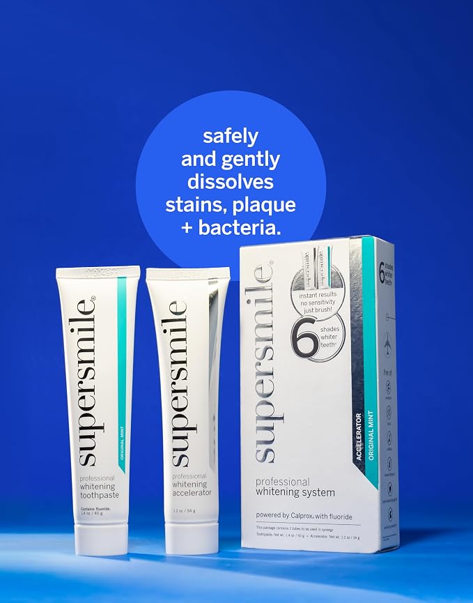 Supersmile Whitening System, Toothpaste + Accelerator, Original Mint | Calprox® 2-Step Whitening System, Whitens Up to 7 Shades in 7 Days, RDA 65 Low Abrasion, Veneer Safe, Cavity Protection