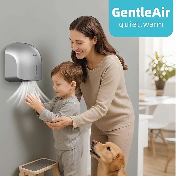AIKE GentleAir Warm Hand Dryer,Low Noise Perfect for Home Bathrooms,Silver Cover AC110V-130V,Model AK2637