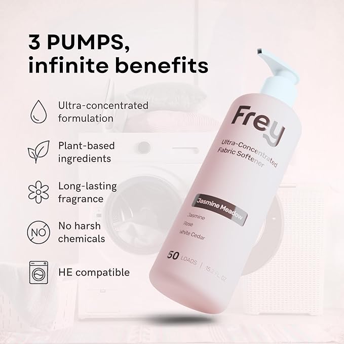 FREY Natural Liquid Fabric Softener and Conditioner | HE Laundry Softener for All Machines | Plant-Powered Eco Friendly Formula | 1-Pack, Jasmine Rose