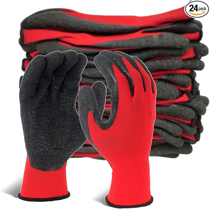Evridwear Crinkle Latex Rubber Hand Coated Safety Work Gloves for Men Women General Multi Use Construction Warehouse Gardening Assembly Landscaping,Red Large 12 Pairs Pack