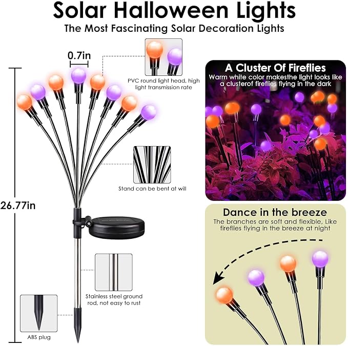 OZS 6Pack 48LED Solar Firefly Halloween Lights Outdoor for Party Decor | Purple Orange Lights for Halloween Decorations, Swaying Firefly Effect, IP65 Waterproof, 2 Modes for Path Garden Yard