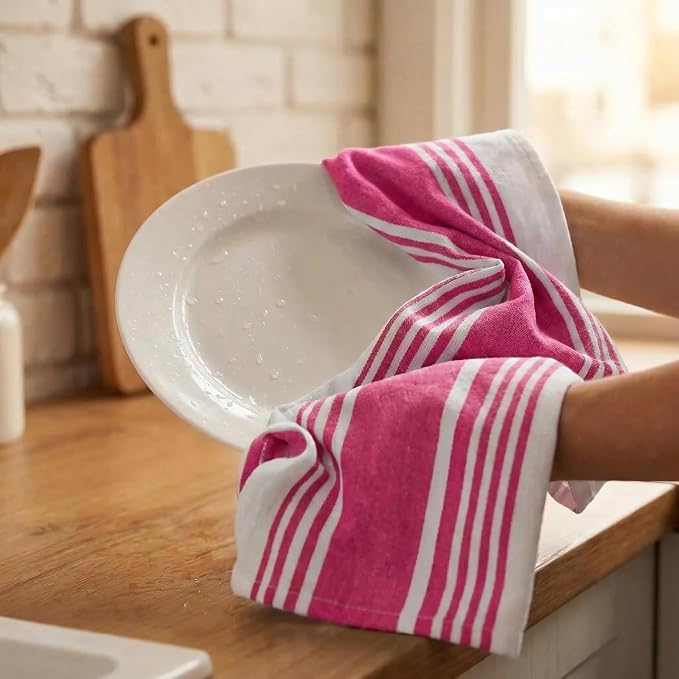 Urban Villa Kitchen Towels 100% Cotton Dish Towels for Kitchen(Set of 6)20”x30” Dish Cloths Highly Absorbent Kitchen Linen Set with Hanging Loop Perfect for Drying Dishes Cleaning Towels-Fuchsia White
