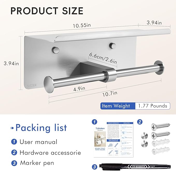 4 Pack Double Toilet Paper Holder with Shelf, Wall Mount Tissue Roll Holder for Bathroom, Heavy Duty 304 Stainless Steel Commercial Toilet Paper Dispenser with Phone Shelf - Brushed Nickel