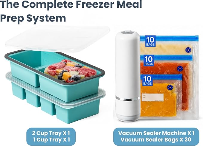 Silicone Freezer Trays Bundle with Vacuum Sealer & 30 Bags | Meal prep bundle, Handheld vacuum sealer, 30 reusable bags, 1-cup & 2-cup silicone freezer trays, Stackable alloy frame