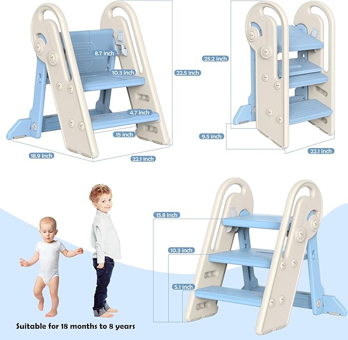 Onasti Toddler Step Stool with Handles, Adjustable Kids Stool Converts from 3-Step to 2-Step, Non-Slip and Anti-Tip Design for Safer Potty Training, Bathroom Sink and Kitchen Counter- Blue