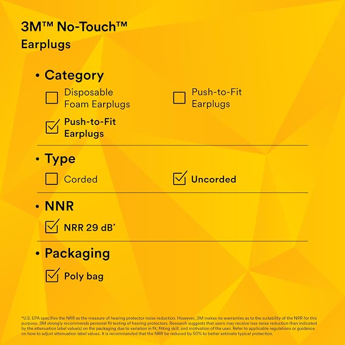 3M No-Touch Foam Earplugs P2000, Uncorded, NRR 29dB, Pack of 100 Pairs, Bell Shaped | NRR 29dB, Bell Shaped