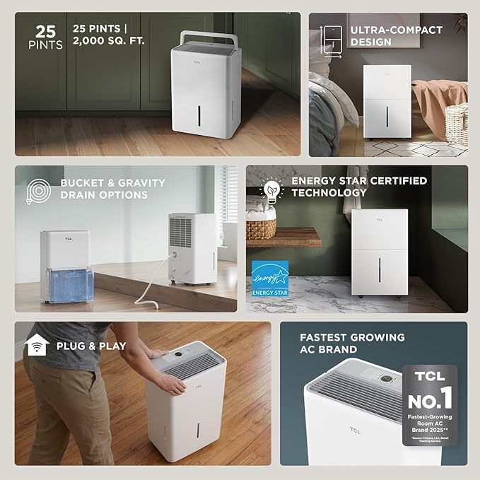 TCL 25-Pint Capacity Quiet, Energy Efficient Portable Dehumidifier, Precise Humidity Control, Bucket or Continuous Drain, Compact Humidity Absorber for Home, Attic, Garage & Rooms up to 2000 Sq Ft