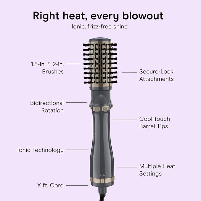 Conair InfinitiPRO Rotating Hot Air Dryer Spin Brush Set | Bidirectional Rotating Ionic Hot Air Brush for Volume and Curls, Gray, 2 in. and 1 ½ in. Brush Heads, BC191L