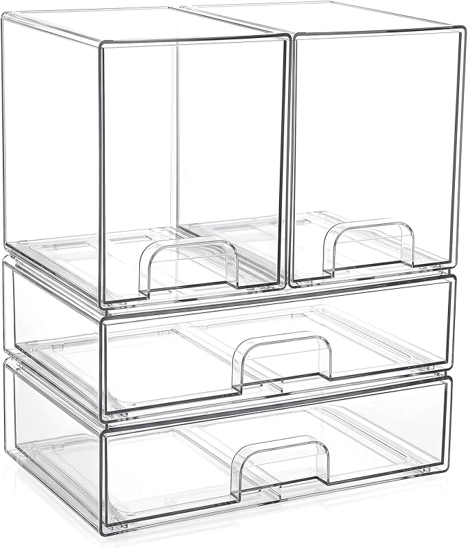 Clear Stackable Storage Drawers: Baby Bottle Storage Organizer, Acrylic Bottles Station Organizer Container for Countertop, Vanity, Bathroom, Cabinet Organization - 4 Pack