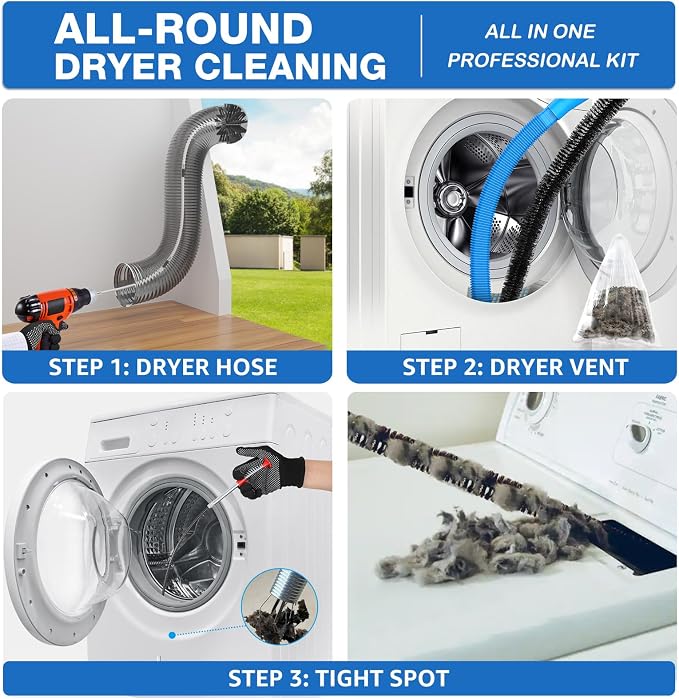 PetOde 22-piece 40-Feet Dryer Vent Cleaner Kit, Dryer Vent Cleaning Kit Lint Remover with Dryer Vent Brush, Vacuum Hose Attachment Cleaning Tools, Flexible Lint Trap Brush, Vacuum & Dryer Adapters | Omnidirectional Blue Dryer Lint Vacuum Attachment & L...