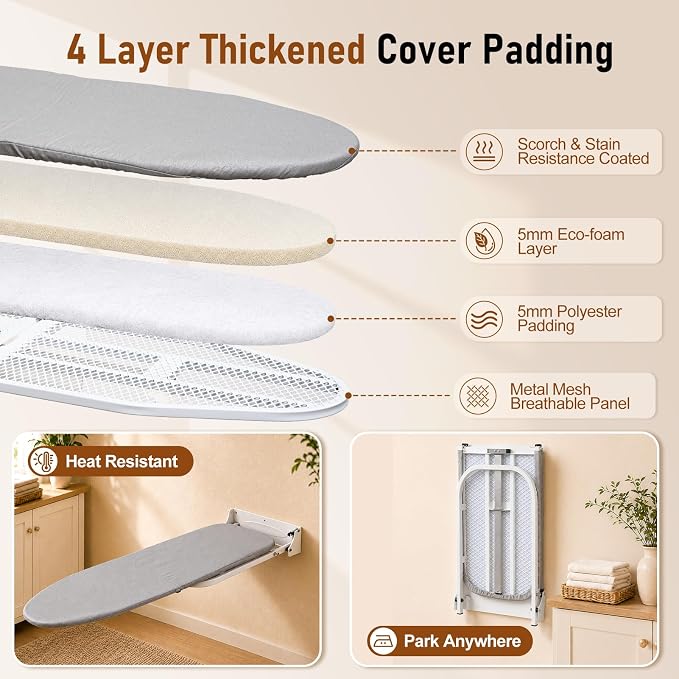 Wall Mounted Folding Ironing Board, Gray | Space Saving Ironing Board with Heat Resistant Cover, Compact Foldable Iron Board for Small Space Home Laundry Room