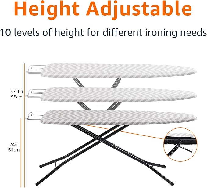 Amazon Basics Height Adjustable Full-Size Foldable Ironing Board, 4-Leg Fold-Up, Chevron Removable Cover, 60" x 14" x 38"