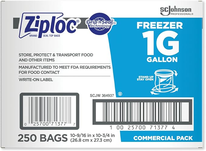 SC Johnson Professional Ziploc Brand Food Storage Freezer Bags, 1 Gallon Freezer Bags, Ziploc Brand Bags, Commercial Pack, 250 Count Box, for Professional Use Only