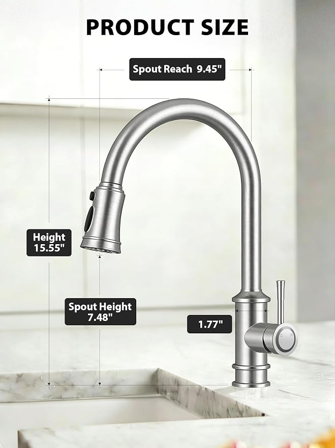 Hiqufet Vintage Kitchen Faucet, Pull Down Sprayer, Brushed Nickel | Easy Install, 360 Swivel, 3 Spray Modes, SUS304 Stainless Steel, High Arc, Fits RV/Laundry/Bar Sinks, High Arc, Lead-Free