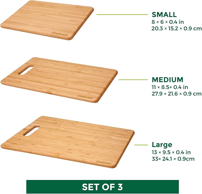 Freshware Bamboo Cutting Board Set of 3, Wooden Cutting Boards for Kitchen, Knife Friendly Food Grade Chopping Board, Lightweight with Hanging Hole for Easy Storage