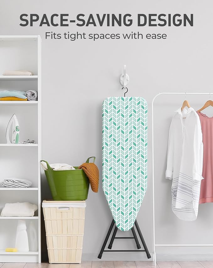 LyriFine Ironing Board, 2-in-1 Ironing and Steaming Board, 14″ x 43″ | Upgraded Iron Board with Iron Rest, Sturdy Steel Frame Iron Board with Non-Slip Feet, Ironing Board Full Size & Hook, Green