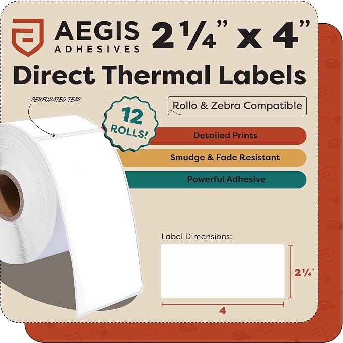 Aegis Adhesives - 2.25" X 4" Direct Thermal Labels (4200 Count, 12 Rolls) - Shipping and Return Address Postage Labels for Small Packages - Compatible with Zebra and Rollo Printers