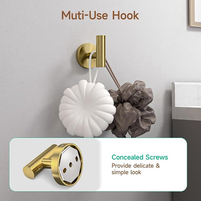 USHOWER Brushed Gold Bathroom Accessories Set, 18-Inch Towel Bar Set Wall Mounted, Durable SUS304 Stainless Steel Bathroom Hardware Set, 8-Piece