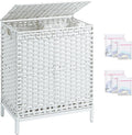 SETVSON Laundry Hamper with Lid, 112 L Handwoven Rattan, Cloud White | 2-Section Large Basket, 2 Removable Liner Bags, 3.34-In Heightened Metal Feet, 6 Mesh Laundry Bags, Side Handles