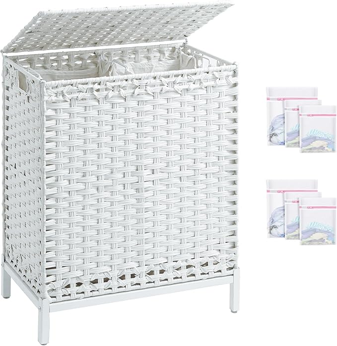 SETVSON Laundry Hamper with Lid, 112 L Handwoven Rattan, Cloud White | 2-Section Large Basket, 2 Removable Liner Bags, 3.34-In Heightened Metal Feet, 6 Mesh Laundry Bags, Side Handles
