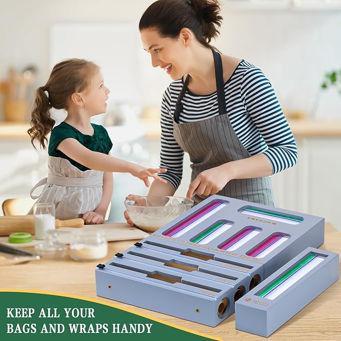 Calmbee 9 in 1 Bamboo Storage Bag Organizer for Kitchen Drawer – Plastic Wrap Dispenser with Cutter & Foil Organizer, Wooden Baggie Organizer for Sandwich, Snack, Gallon, Quart Sizes, Grey