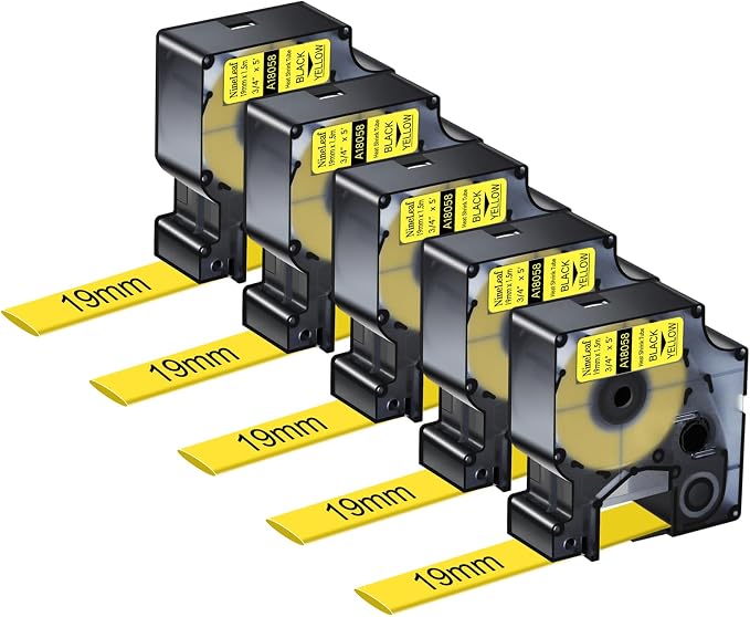 NineLeaf 5 Pack Compatible Labels Tape Replacement for Dymo 18058 3/4 inch Black on Yellow Heat Shrink Tube Labels 19mm x 1.5m for Wires and Cables Use in Rhino 4200 5200 5000 6000 3M Label Maker