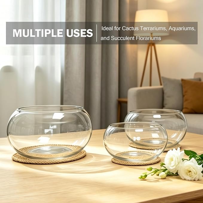 12" Large Round Glass Lotus Bowl Planter with Rattan Mat | Clear Indoor Hydroponic for Aquatic Plants, Bonsai & Lotus Flowers, Decorative Terrarium Bowl Vase, Fish Tank