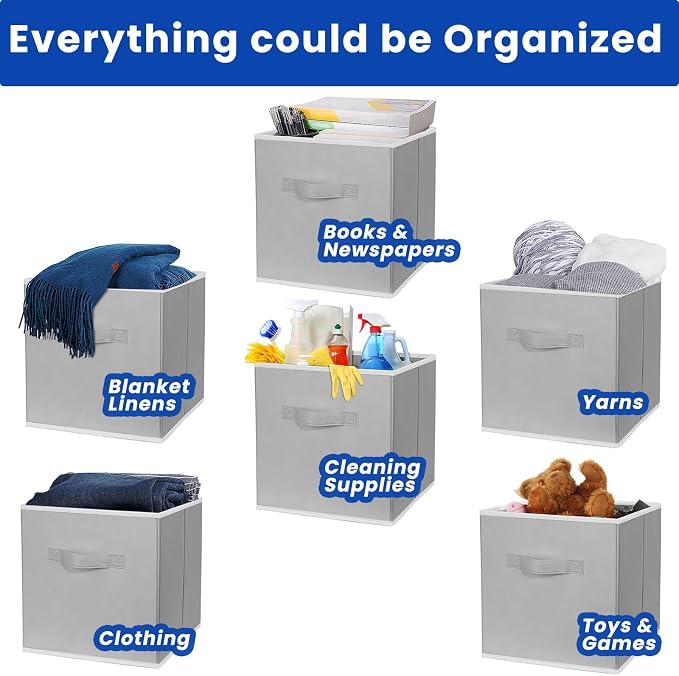 Storage Cubes, 11 Inch Cube Storage Bins for Shelves (10 Pack), Fabric Collapsible Storage Bins with Dual Handles, Foldable Cube Baskets for Magazines, Closet Organizers and Storage Box (Grey)