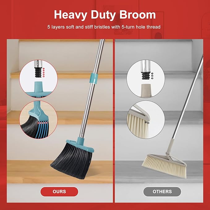 Tiumso Upgrade Broom and Dustpan Set, Broom with Dustpan Combo Sets, Large Brooms and Dust Pan with Handle, Self-Cleaning Dust Pans, Heavy Duty Broom and Dustpans Set for Lobby Kitchen Office - Green