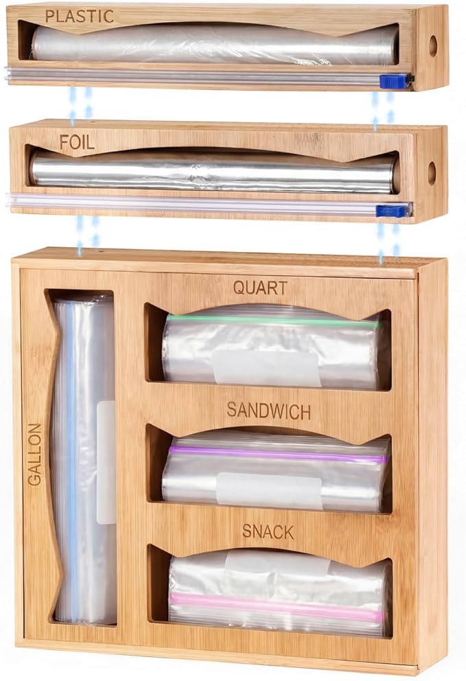 6 in 1 Storage Bag Organizer Kitchen Drawer, Bamboo Foil and Plastic Wrap Dispenser with Slider Cutter, Kitchen Bag Organizer for Quart, Gallon, Sandwich and Snack Bags