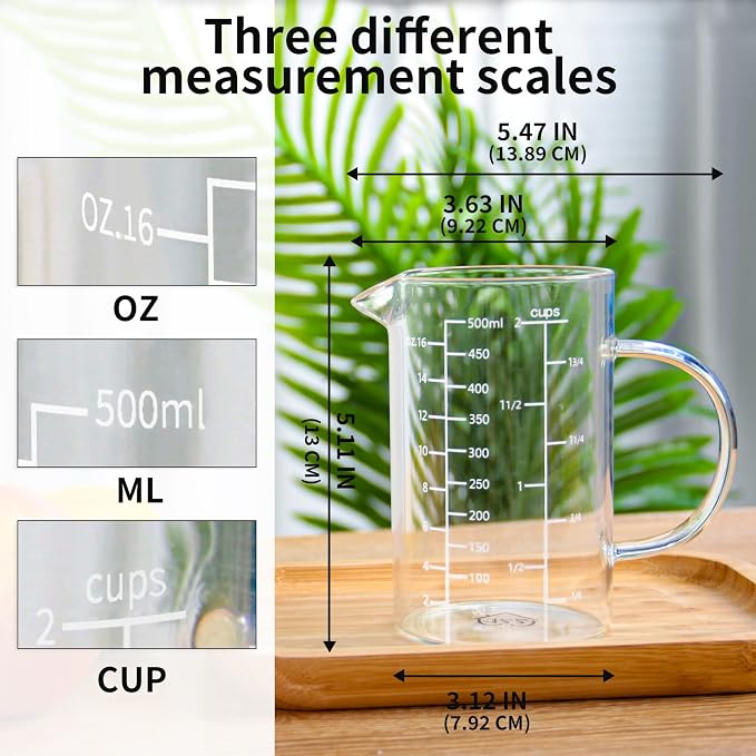 77L 2 Cup Glass Measuring Cup, [Insulated handle, V-Shaped Spout], High Borosilicate Glass Measuring Cup for Kitchen or Restaurant, Easy To Read, 500 ML (0.5 Liter, 2 Cup)
