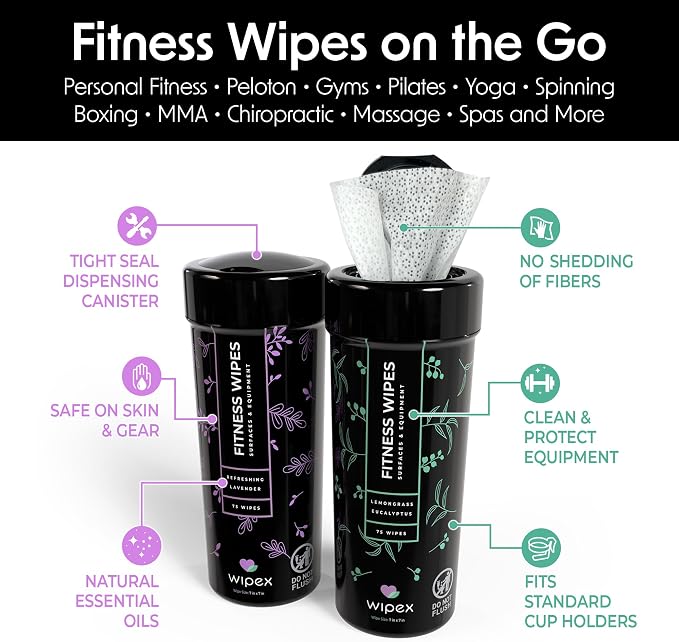 Wipex Yoga Mat Cleaner & Fitness Gym Wipes - Natural Lavender & Vinegar - 75 Count for Cleaning Yoga Mats, Spinning & Peloton Bikes, Weight Machines & Surfaces - 12 Pack Case