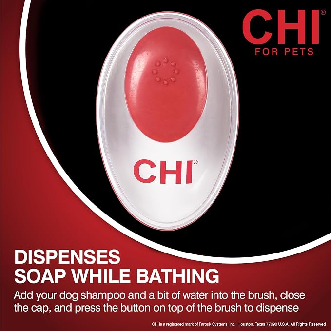 CHI for Dogs Soap Dispensing Palm Brush, Handheld Dog Bathing Scrubber with Built-In Shampoo Dispenser, Soft Rubber Bristles for Massaging and Deep Cleaning All Dog Coat Types, Red